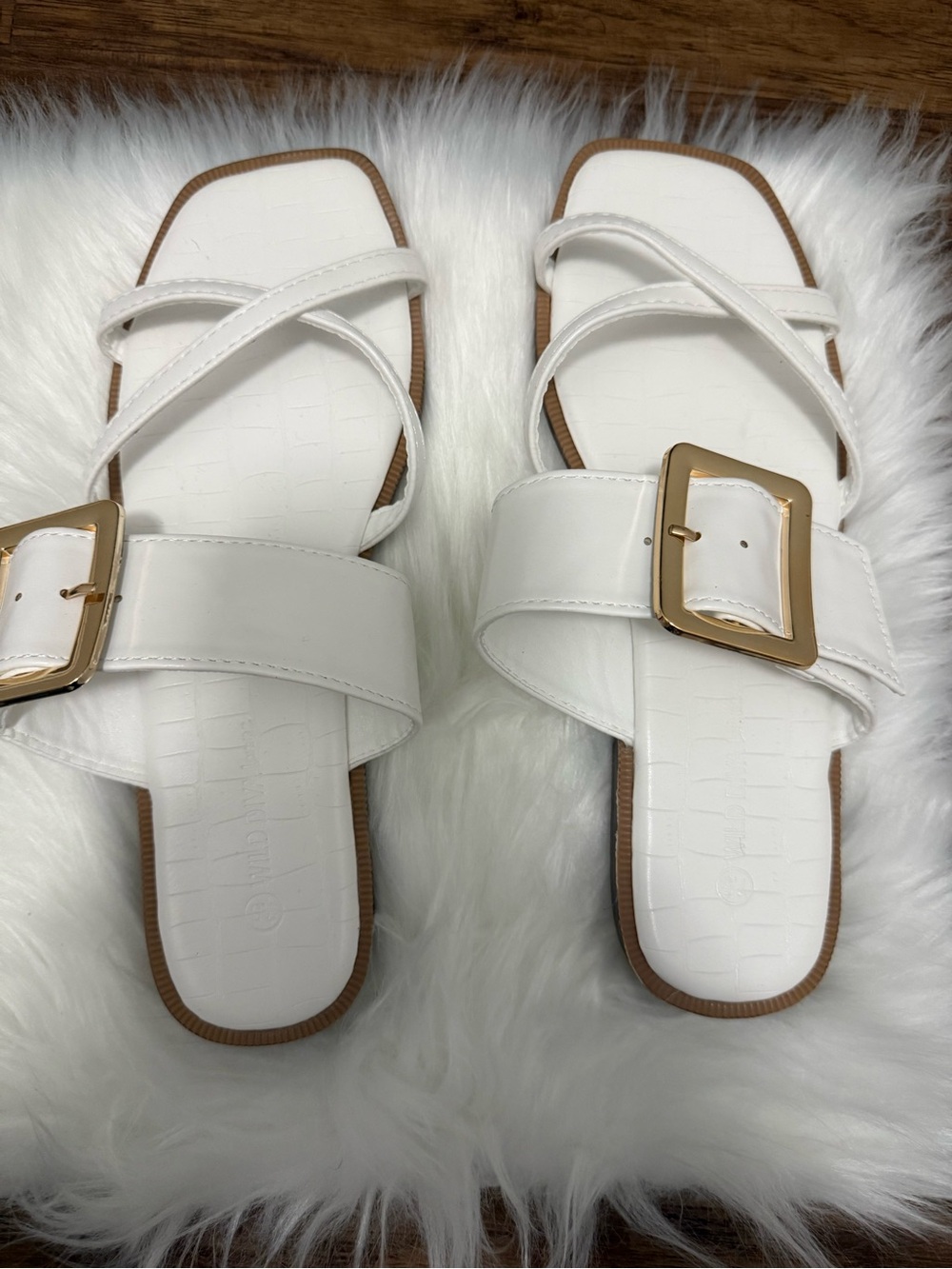 Wild Diva White Slide Sandals with Gold Buckle